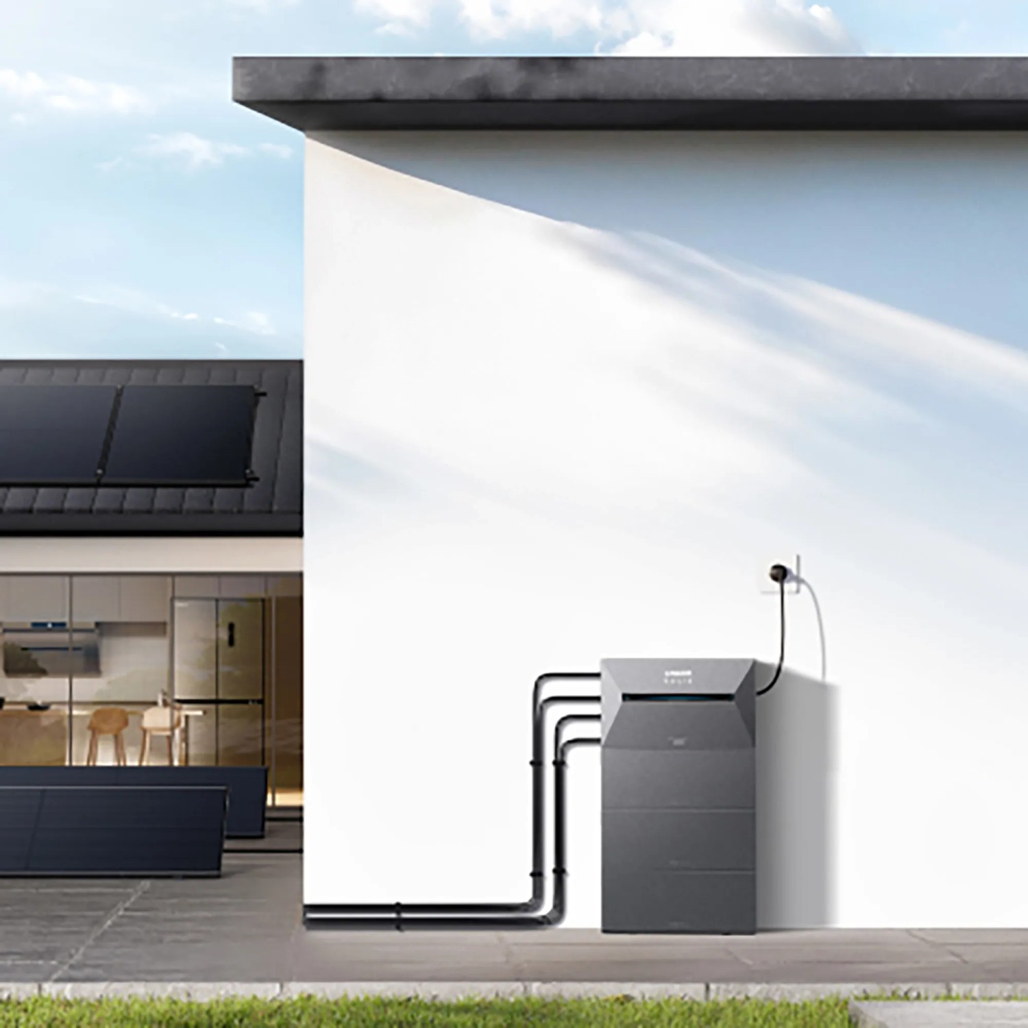 Anker Solix Balkonkraftwerk-Set mit Solarbank 3 Pro, Smart Meter und Plug an Hauswand.