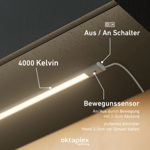 Dimmbare LED Unterbauleuchte Riva 90cm mit Sensor und Schalter, neutralweißes Licht (4000K).