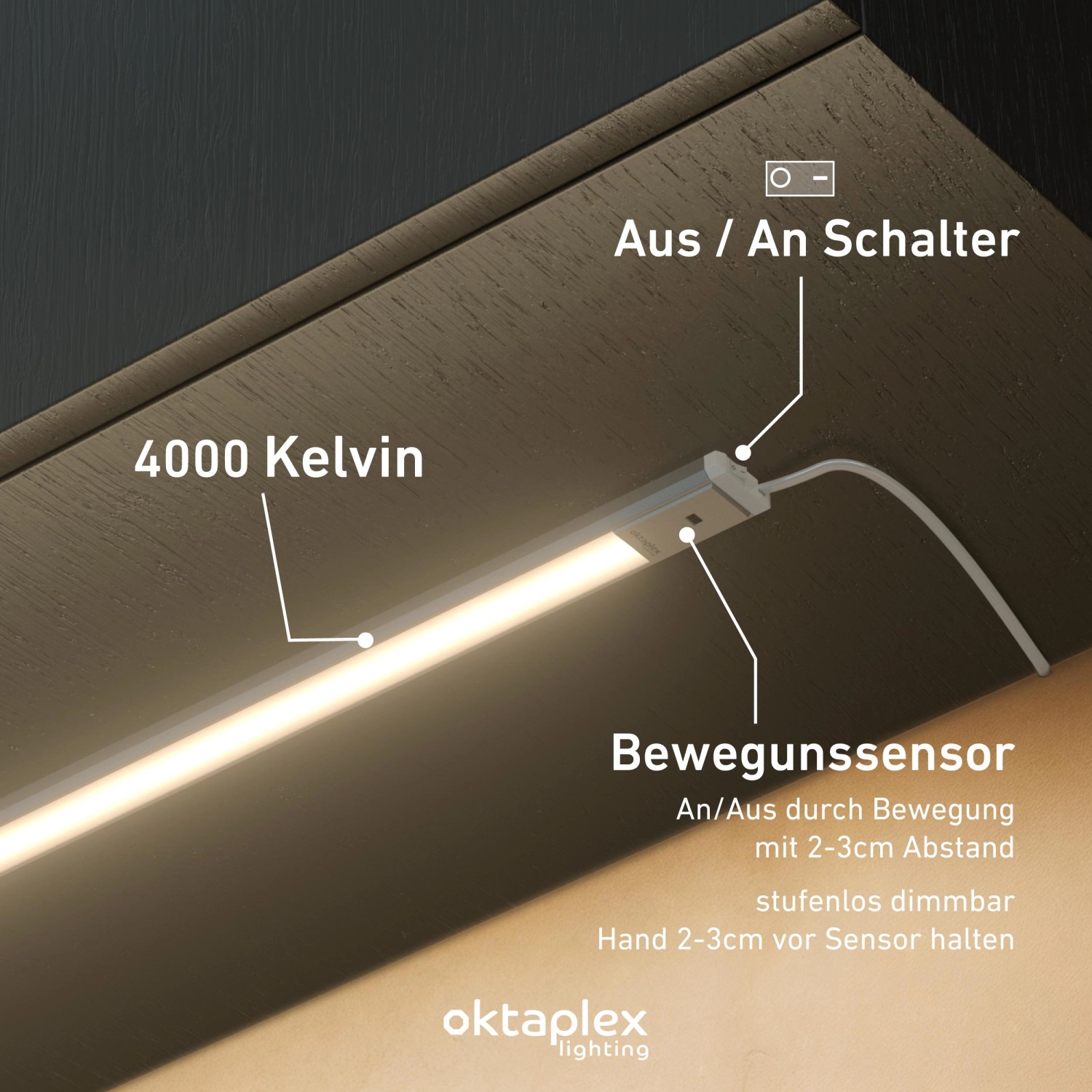 Dimmbare LED Unterbauleuchte Riva 90cm mit Sensor und Schalter, neutralweißes Licht (4000K).