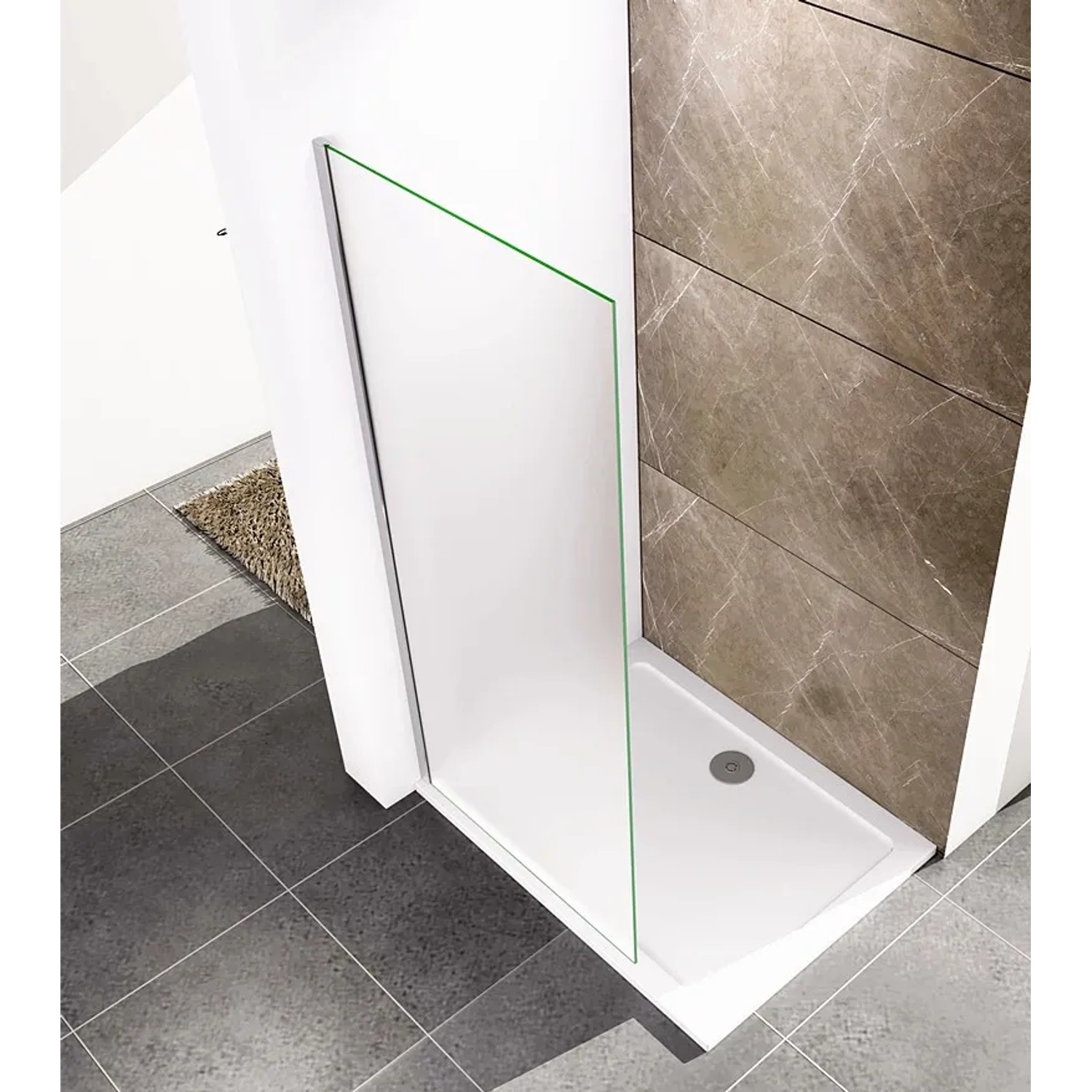 Moderne Duschparadies Walk-in Dusche 80x200cm mit Milchglas-Seitenwand, 10mm Sicherheitsglas und glänzend verchromtem Profil.