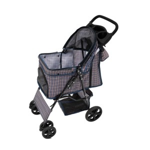 Monstershop Haustierwagen mit blauem Tartanmuster, Regenabdeckung und Fronttasche.