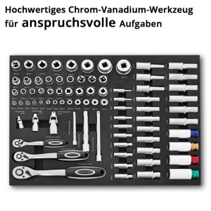 STAHLWERK Werkstattwageneinlage mit 80-teiligem Steckschlüsselsatz in Schaumstoffeinlage.