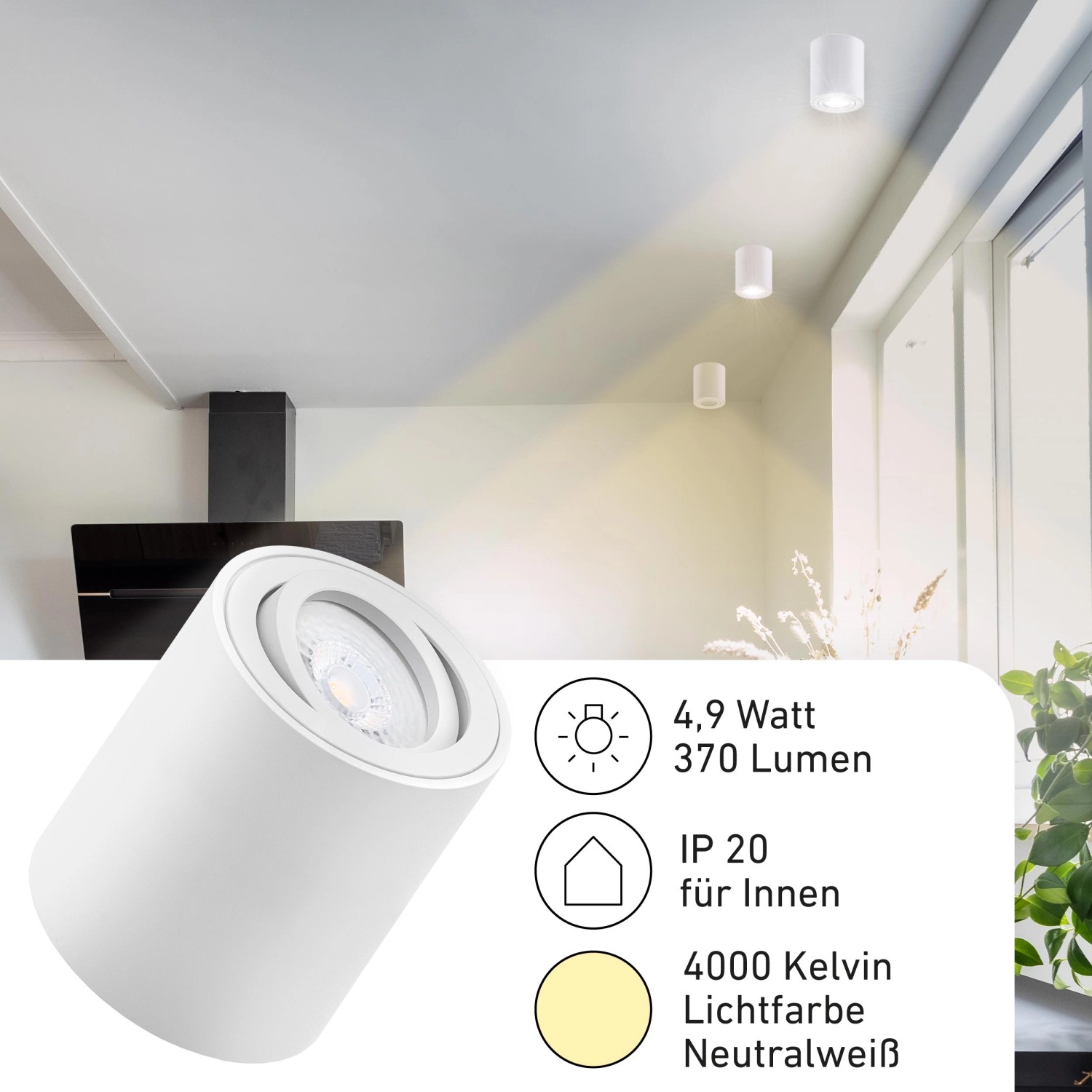 3er Set: Dimmbare, weiße LED Aufbauspots Lile M mit neutralweißem Licht (4000K) für Innenräume.