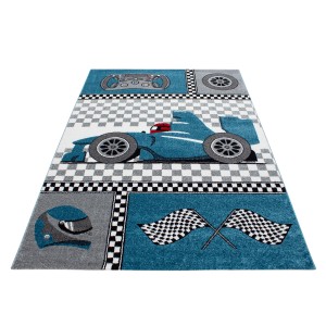 Blauer Ayyildiz Kinderteppich Kids 460 mit Rennwagenmotiv, 160x230 cm.