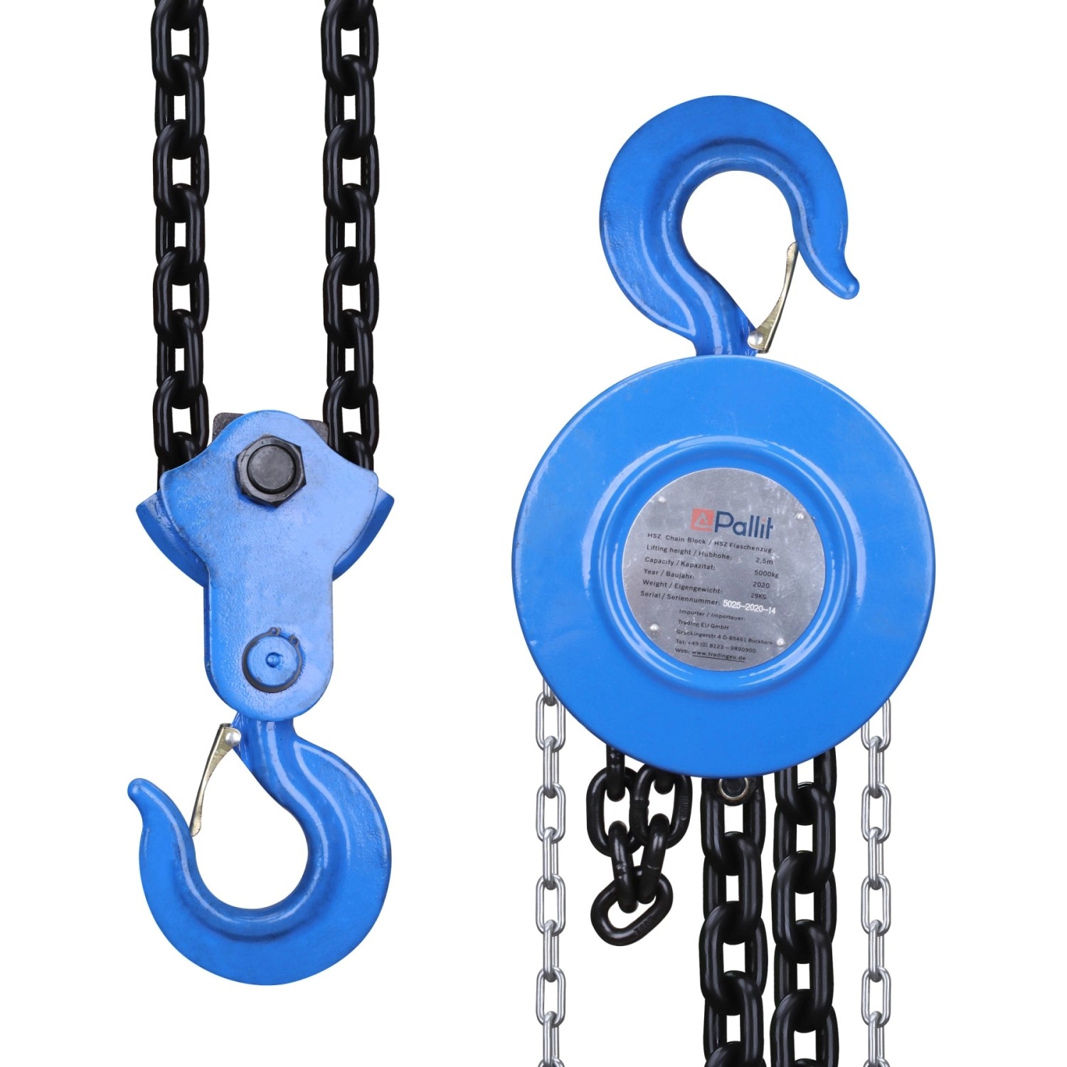 Pallit CHAIN-L Flaschenzug 5000 kg Tragkraft Kettenzug 2,5 m Stahlkette Seilzug mit 360° Drehbarer Haken Mechanischer La