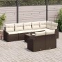 Braunes 9-teiliges Garten-Sofa-Set aus Poly Rattan mit Tisch und cremefarbenen Kissen.