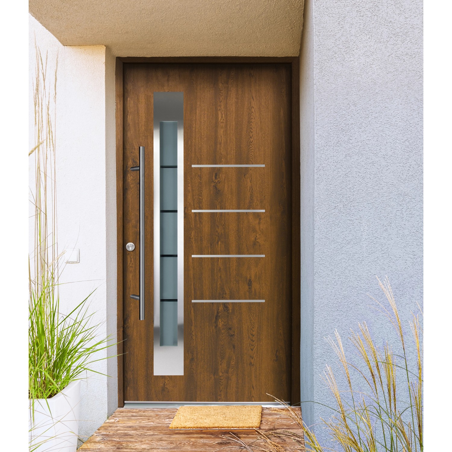 Splendoor Thermospace Haustür Berlin Prime in Nussbaum mit Edelstahlapplikationen und Glaseinsatz.