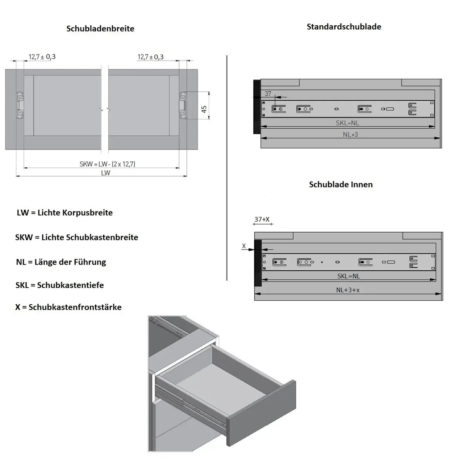 Technische Zeichnung Schubladenauszug Schwarz, Vollauszug 550 mm, Maße und Details.