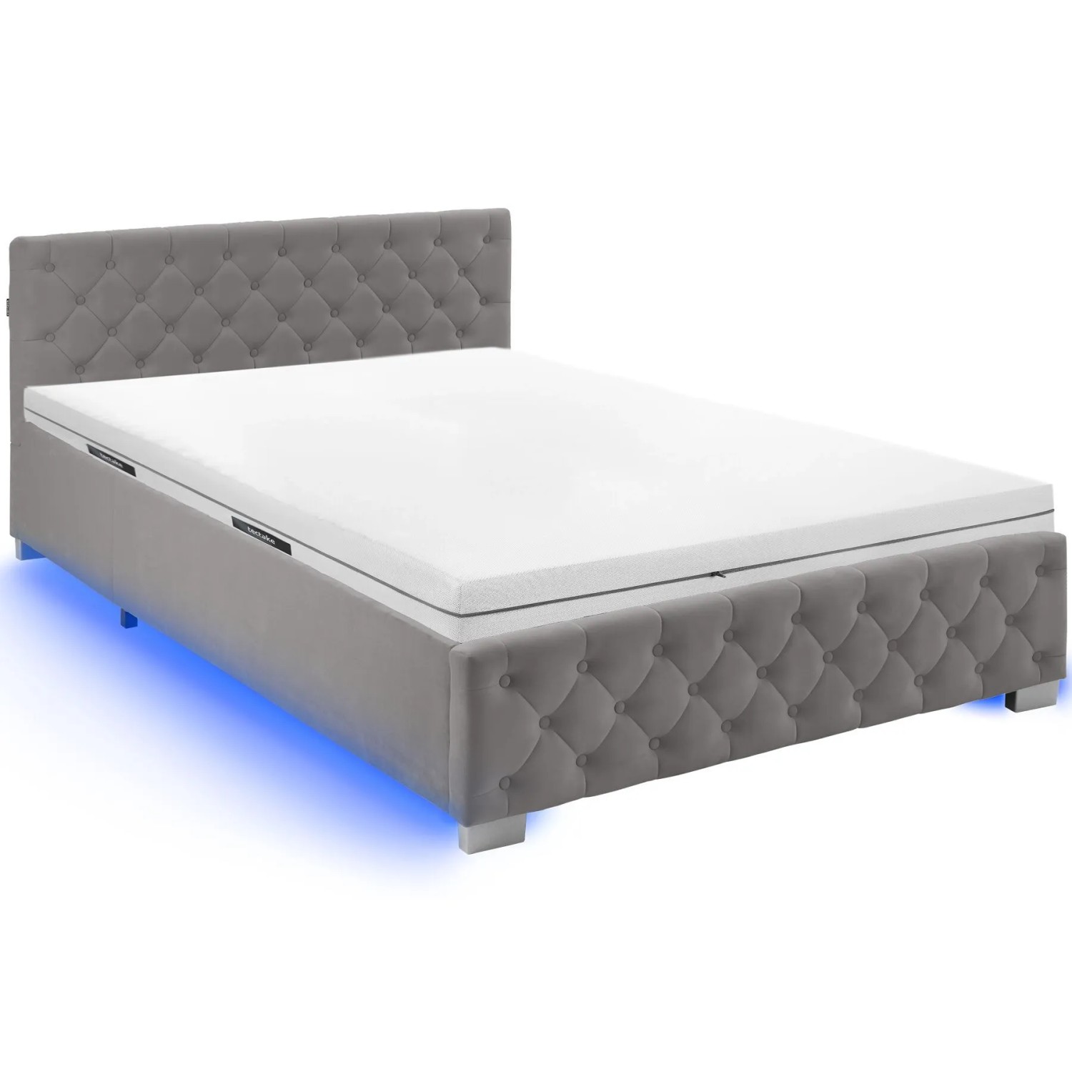Tectake Bettset  Polsterbett In Samtoptik Mit Steppmuster Matratze Mit Komfortschaumkern  2 Härtegrade  H2   H3   215 x 148 x 83 cm Dunkelgrau