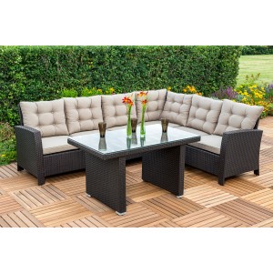 Braunes Merxx Salerno Eckbank-Set mit Sessel, Hockern und Gartentisch mit Glasplatte.