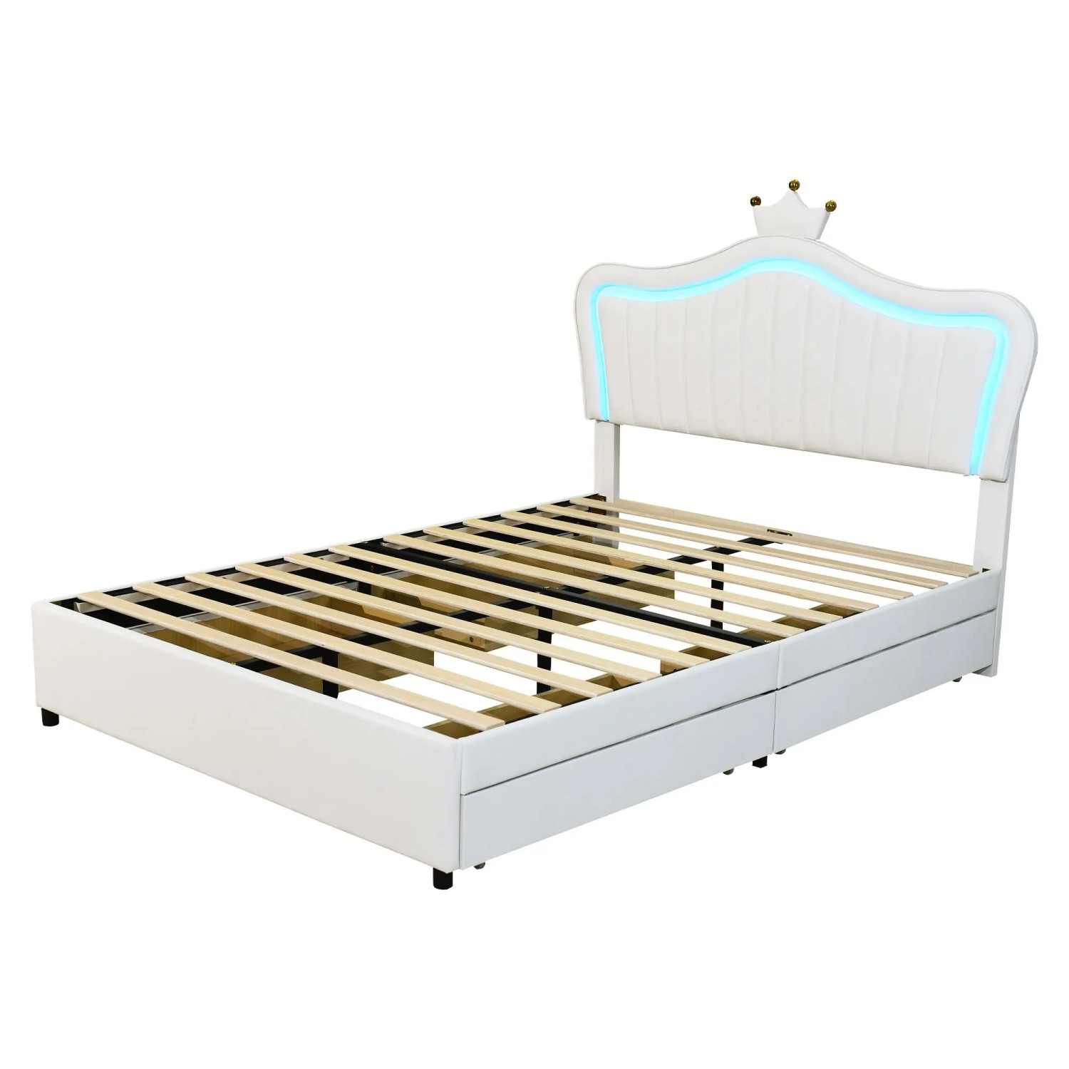 Merax Kinderbett 140x200cm Krone PU Leder LED Weiß