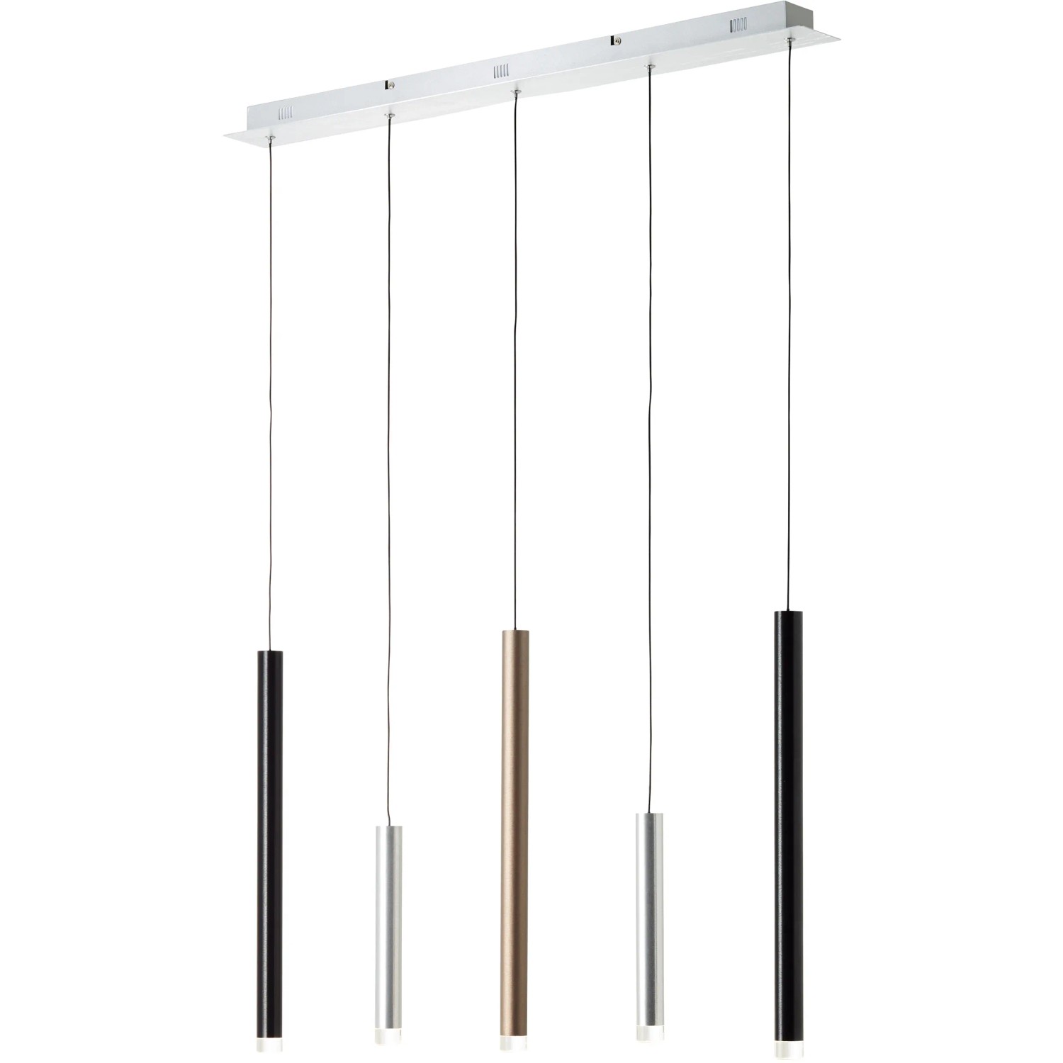 Moderne LED-Pendelleuchte Cembalo, 5-flammig in Braun- und Silbertönen. Ideal für Esszimmer.