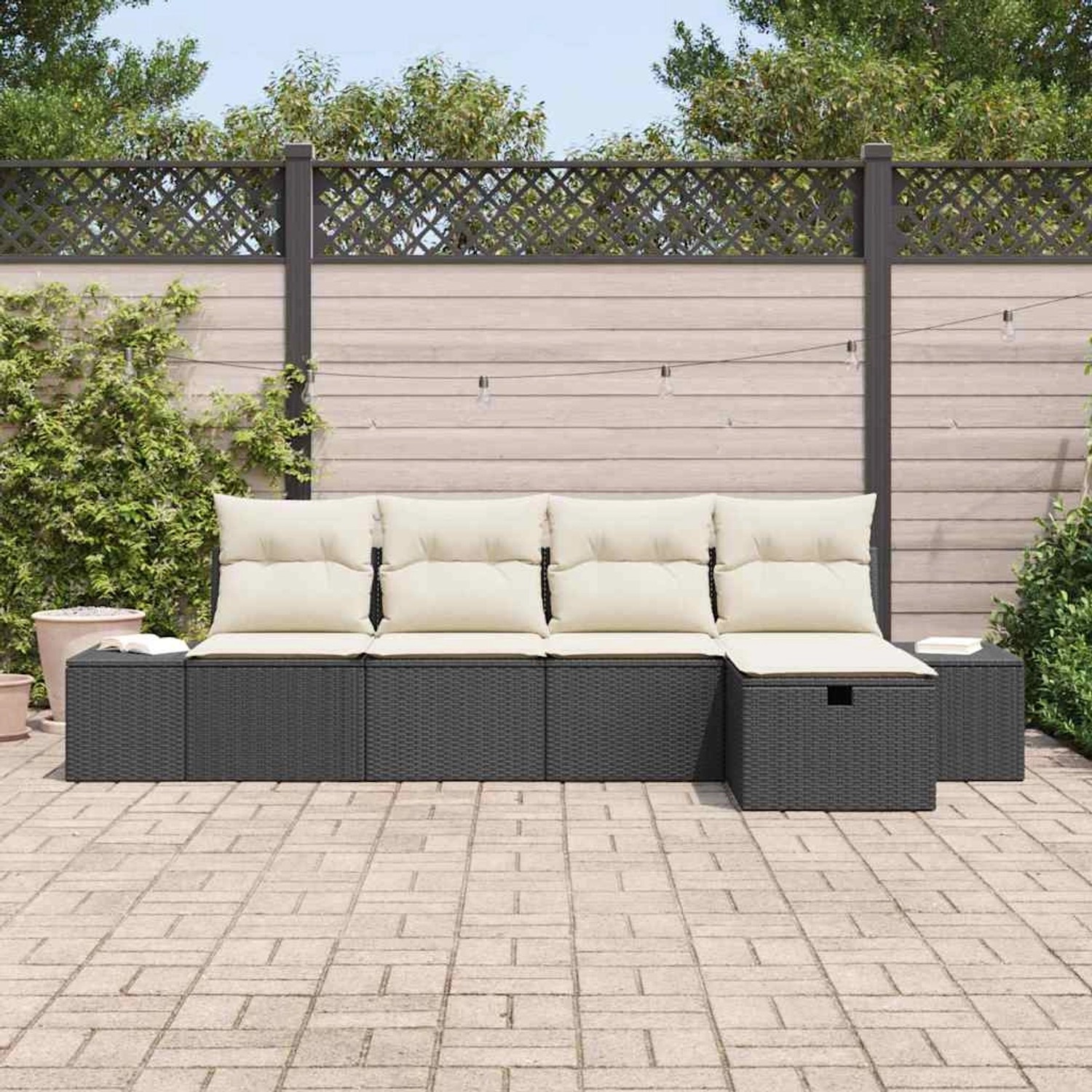 Schwarzes 5-teiliges Garten-Sofa-Set aus Poly Rattan mit Kissen von vidaXL.