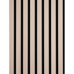 Akustikpaneel Buche mit schwarzen MDF-Leisten auf schwarzem Filz, 60x300 cm.