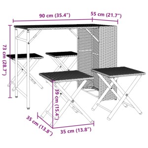 vidaXL 5-tlg. Garten-Essgruppe, klappbar, grau, Poly Rattan, mit Maßangaben.