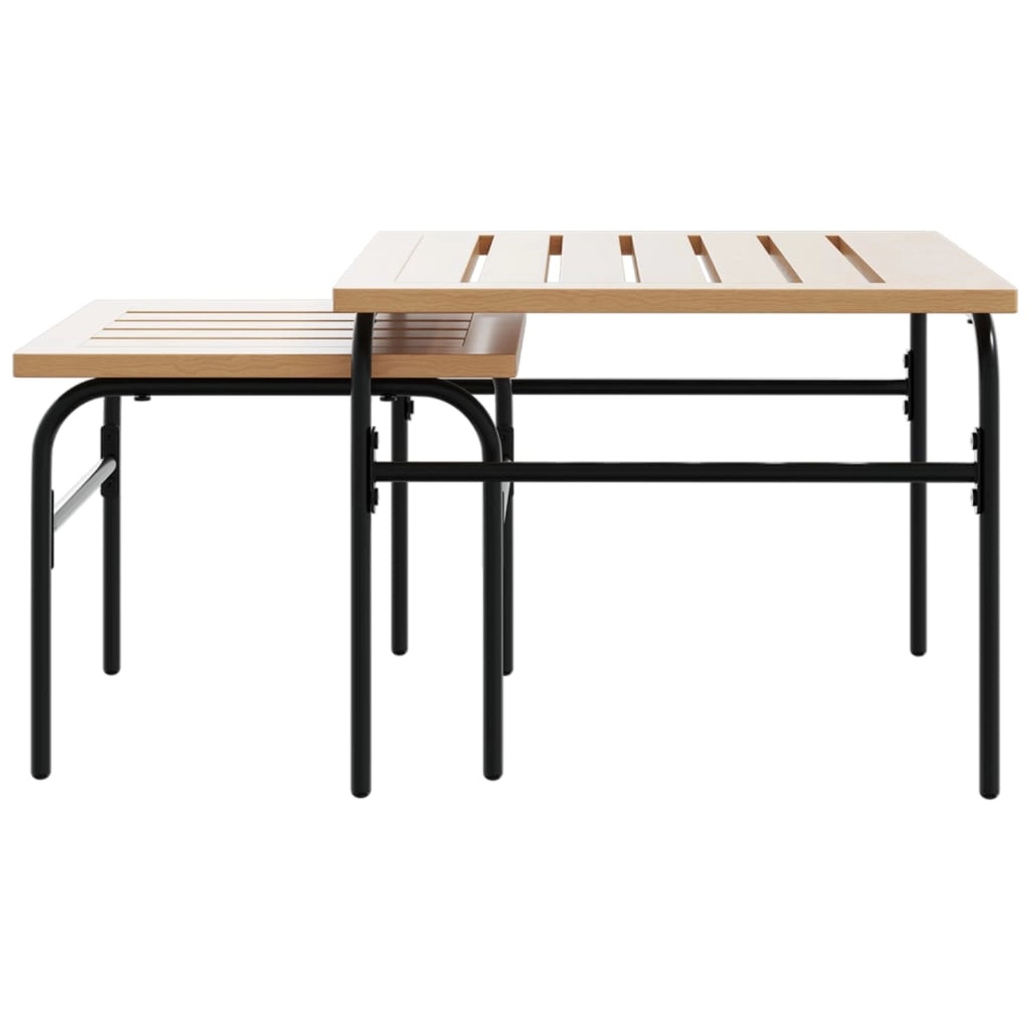 vidaXL Balkonmöbel-Set, zwei Couchtische mit Stahlgestell und hellen Holzplatten.