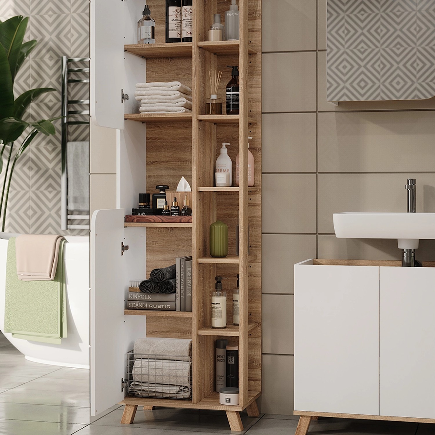 Vicco Badmöbel-Set Karen, 4-teilig in Sonoma/Weiß, mit Waschbeckenunterschrank, Spiegelschrank, Regal und Hochschrank.