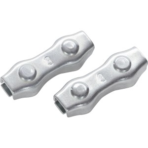 Zwei verzinkte Duplexklemmen (1,5-3 mm) zum Verbinden von Seilen.