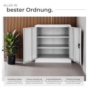 Grauer Tectake Aktenschrank aus Stahl mit 2 Türen und 3 Fächern, geöffnet.