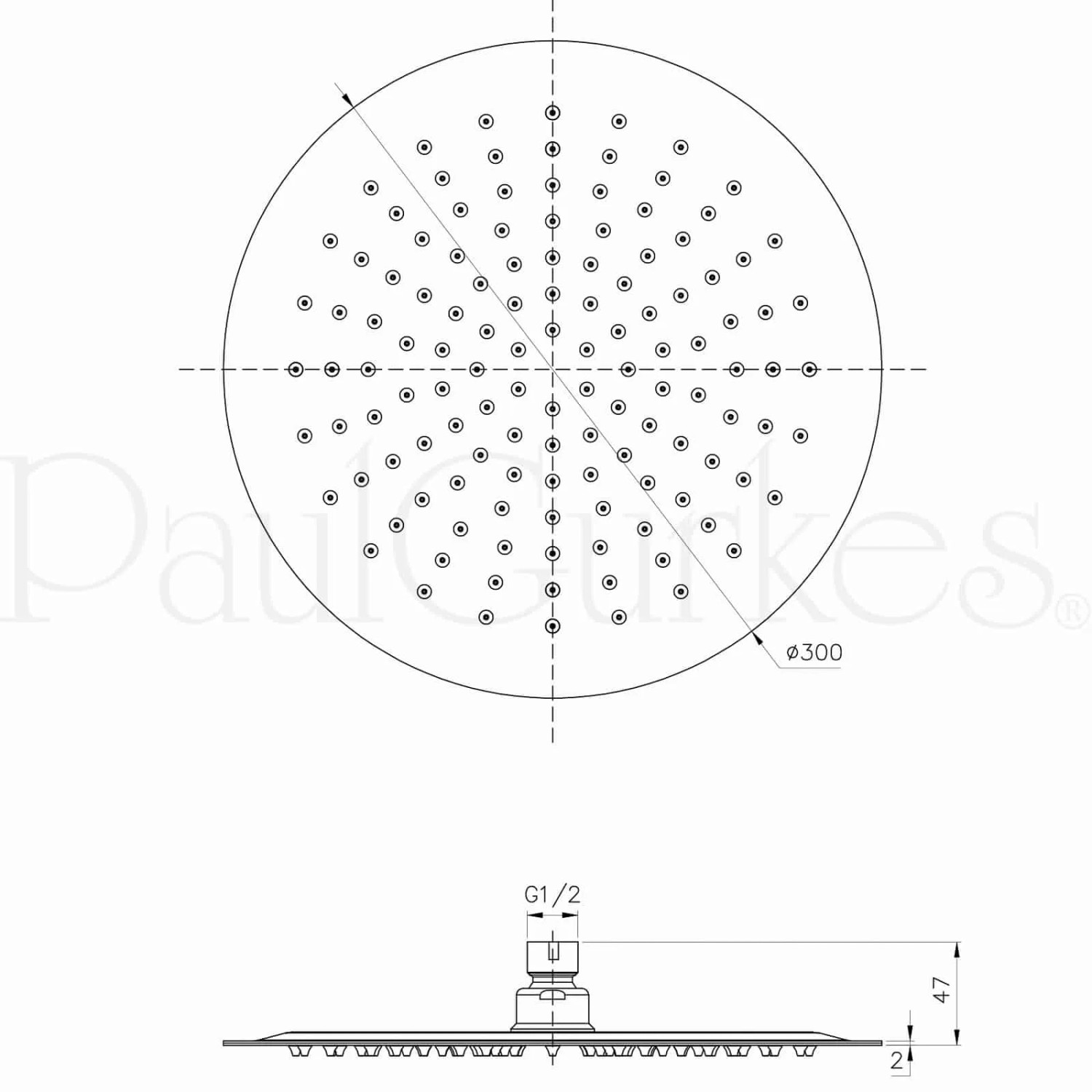Technische Zeichnung: PaulGurkes Kopfbrause Ø 30cm für Duschset, Maße und Anschlüsse dargestellt.