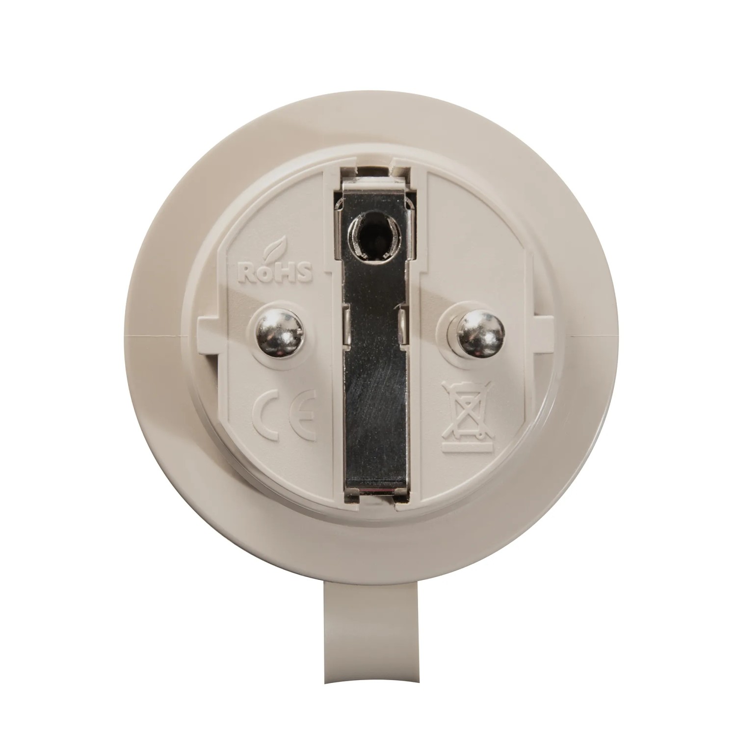 Rückseite des beigen Shelly Smart-Steckers Outdoor Plug S Gen3 für die Hausautomation.