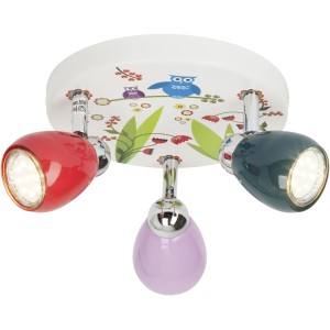 Buntes LED-Spotrondell Birds, 3-flammig, für Kinderzimmer mit Eulen-Motiv und roten, blauen und lilafarbenen Lampenschirmen.