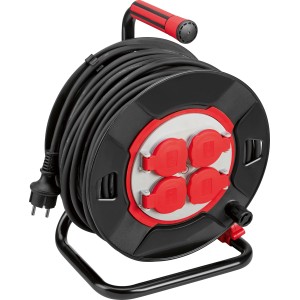 Schwarze Kabeltrommel mit 40 m Kabel, vier roten Schutzkontaktsteckdosen und Tragegriff.