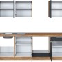 Moderne Küchenzeile in Grau und Wotaneiche, 240 cm breit, ohne Elektrogeräte.