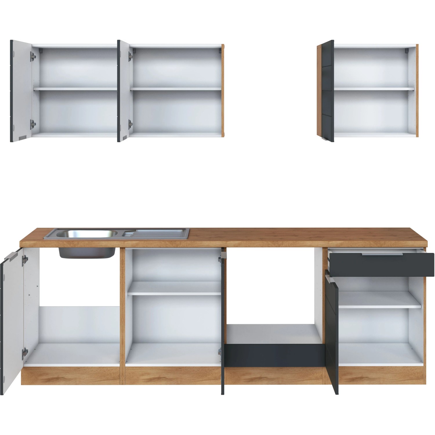 Moderne Küchenzeile in Grau und Wotaneiche, 240 cm breit, ohne Elektrogeräte.
