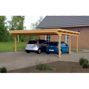 Skan Holz Doppelcarport Emsland mit zwei geparkten Autos unter dem Holz-Carport.