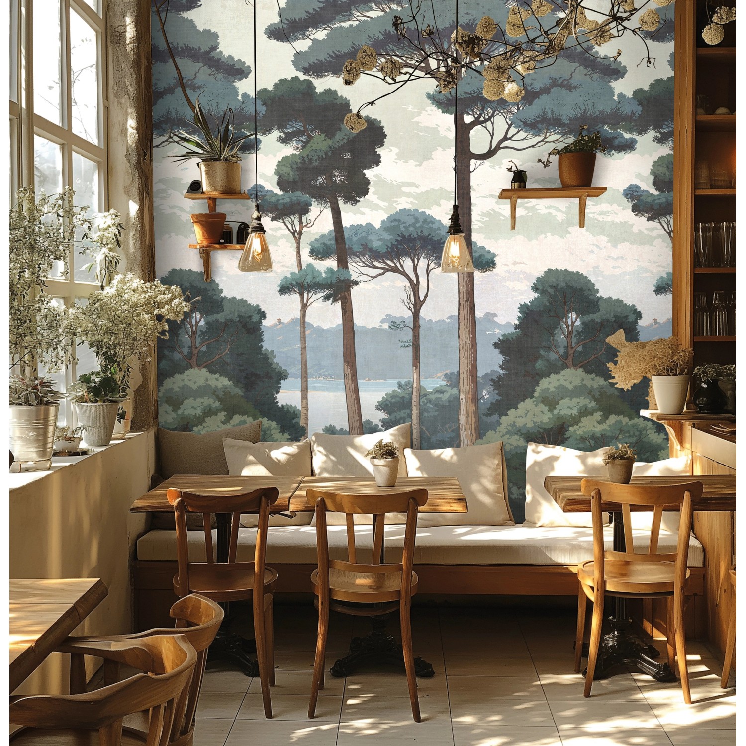 A.S. Creation Fototapete Wald Natur in Blau-Grau, 1,59x2,8m, schmückt ein Interieur.