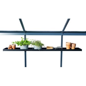 Juliana Aluregal, 2 Sektionen, schwarz, für Gewächshaus: Regal mit Pflanzen und Töpfen.