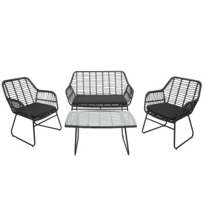 4-teilige Polyrattan Lounge-Garnitur in Anthrazit mit Bank, Tisch und zwei Sesseln inklusive Polster.
