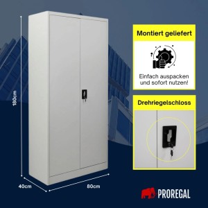 PROREGAL Flügeltürenschrank ELEPHANT Komplett Montiert Mit 2 Türen Abschließbar HxBxT 180x80x40cm 4 Ebenen Stahl Pulverbeschichtet Lichtgrau Spind