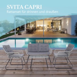 Svita Capri Balkonmöbel-Set: hellgraue Polyrattan-Sitzgruppe mit 2 Stühlen, Bank, Glastisch auf Holzterrasse am Pool.