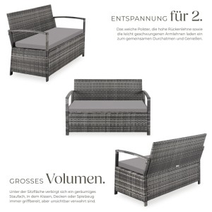 Tectake Rattan Gartenbank Vecchia 2 Sitzer  Wetterfest Großzügiger Stauraum  56 x 128 x 77 5 cm Grau
