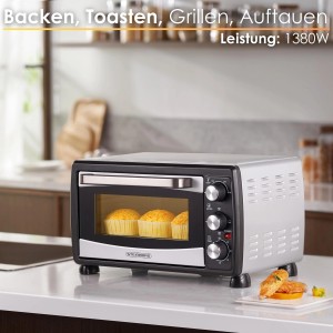 Steinborg Minibackofen SB-3007 mit Umluft, 20 Liter, 1380 Watt, silber/schwarz.