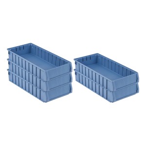 SparSet: 5 blaue Regalkästen 7,8L mit Etikett und Schutzhaube. Sichtlagerkästen für Aufbewahrungssysteme.