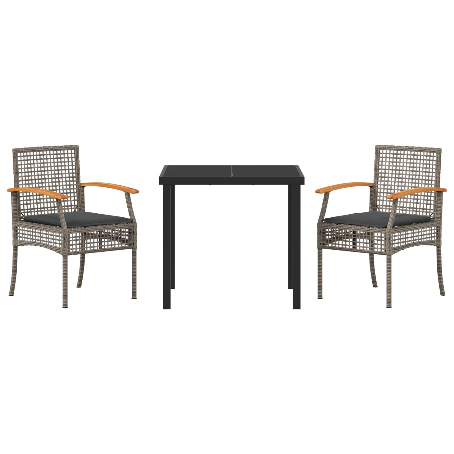 Graue 3-tlg. vidaXL Garten Essgruppe aus Poly Rattan mit Tisch und zwei Stühlen.