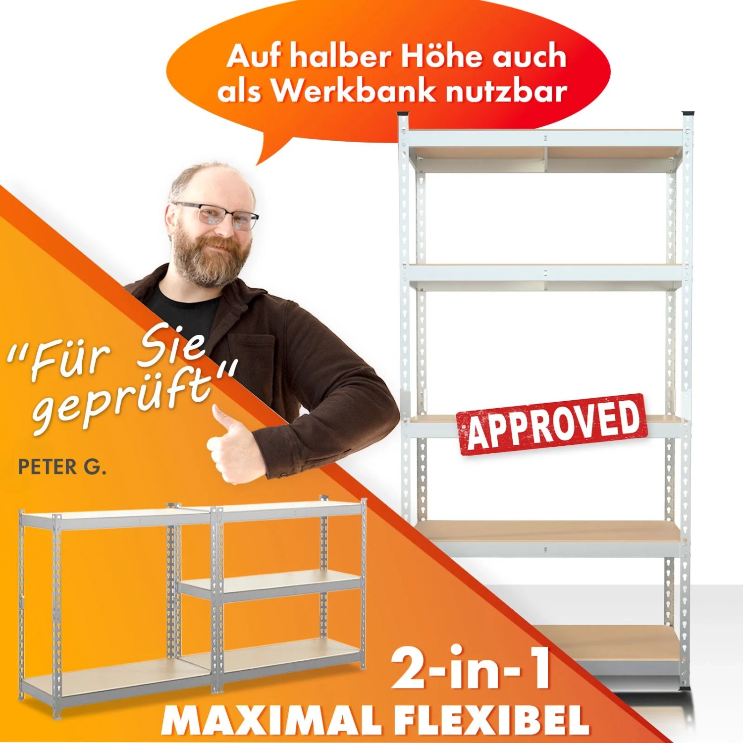 KARAT Schwerlastregal Rhino, verzinkt, mit 5 Böden und hoher Tragkraft. Ideal für Werkstatt und Lager.