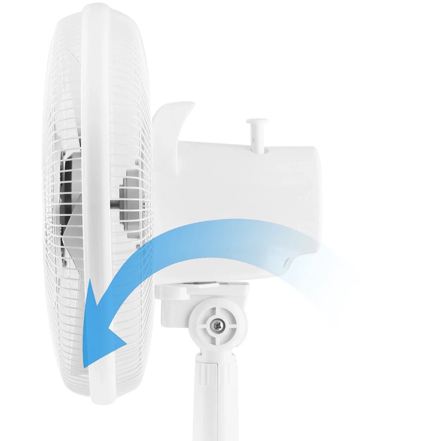 Detailansicht des weißen Emerio Tischventilators (30 cm) mit verstellbarem Neigungswinkel.