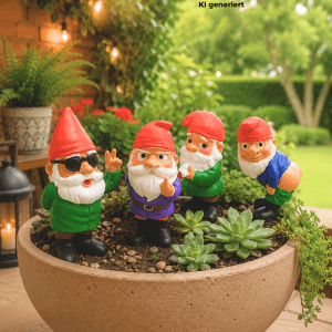 Vier bunte Keramik-Gartenzwerge in lustigen Posen, z.B. mit Sonnenbrille, im Pflanzkübel. Dekorative Figuren.