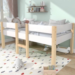 okwish Kinderbett 90x200 cm mit Rausfallschutz, Kiefer massiv, weiß/natur, ohne Matratze