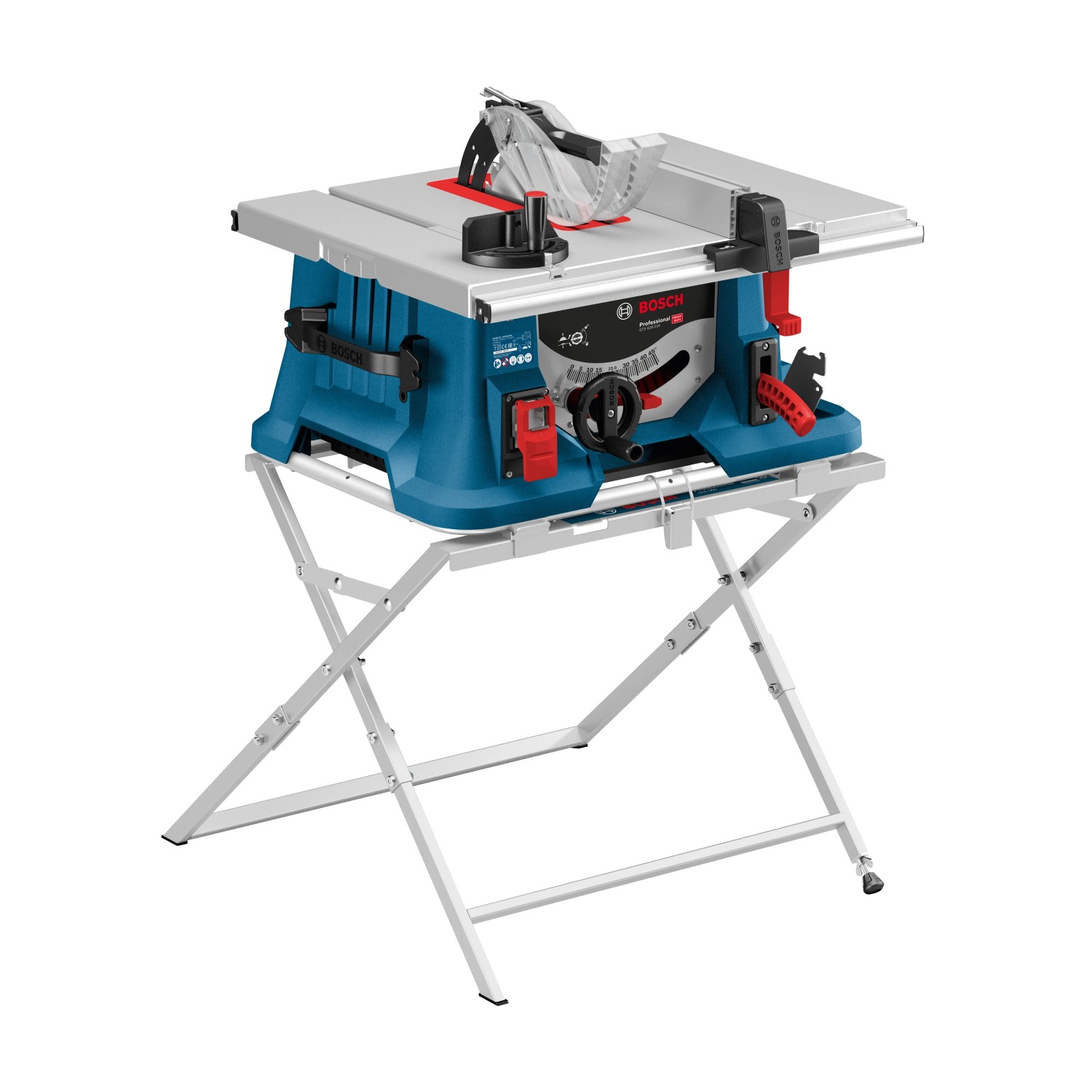 Bosch Professional GTS 635-216 Tischkreissäge mit 1600 W und Zusatzsägeblatt auf einem Untergestell.