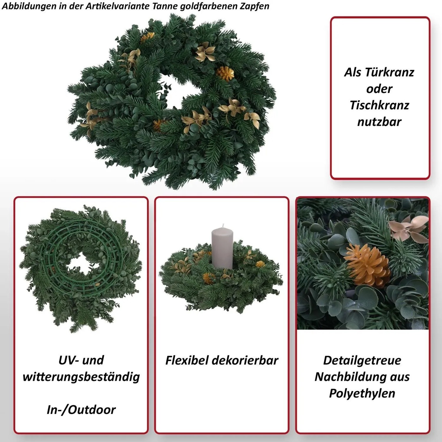Künstlicher Weihnachtskranz Ø 45cm aus Polyethylen, mit grünen Tannenzweigen, goldenen Zapfen. Für Tür/Tisch.