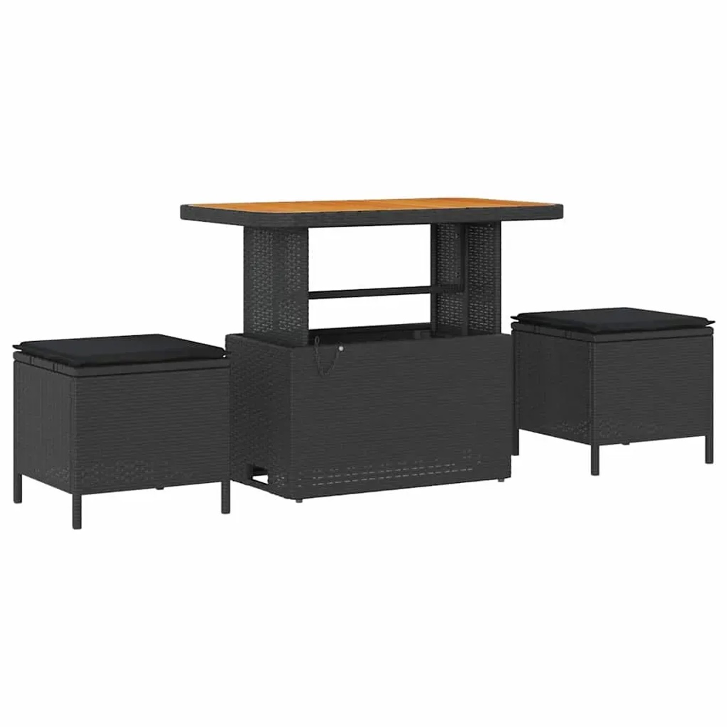 Schwarzes 10-teiliges vidaXL Gartenmöbel-Set aus Rattan mit Tisch und Hockern.