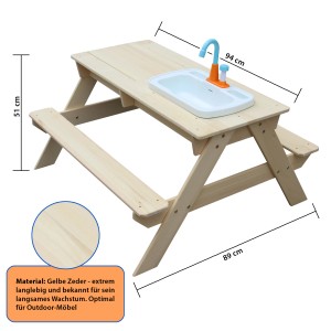Coemo Matschtisch Robin: Kindersitzgruppe mit Waschbecken und Wasserhahn für Garten und Kinderzimmer.