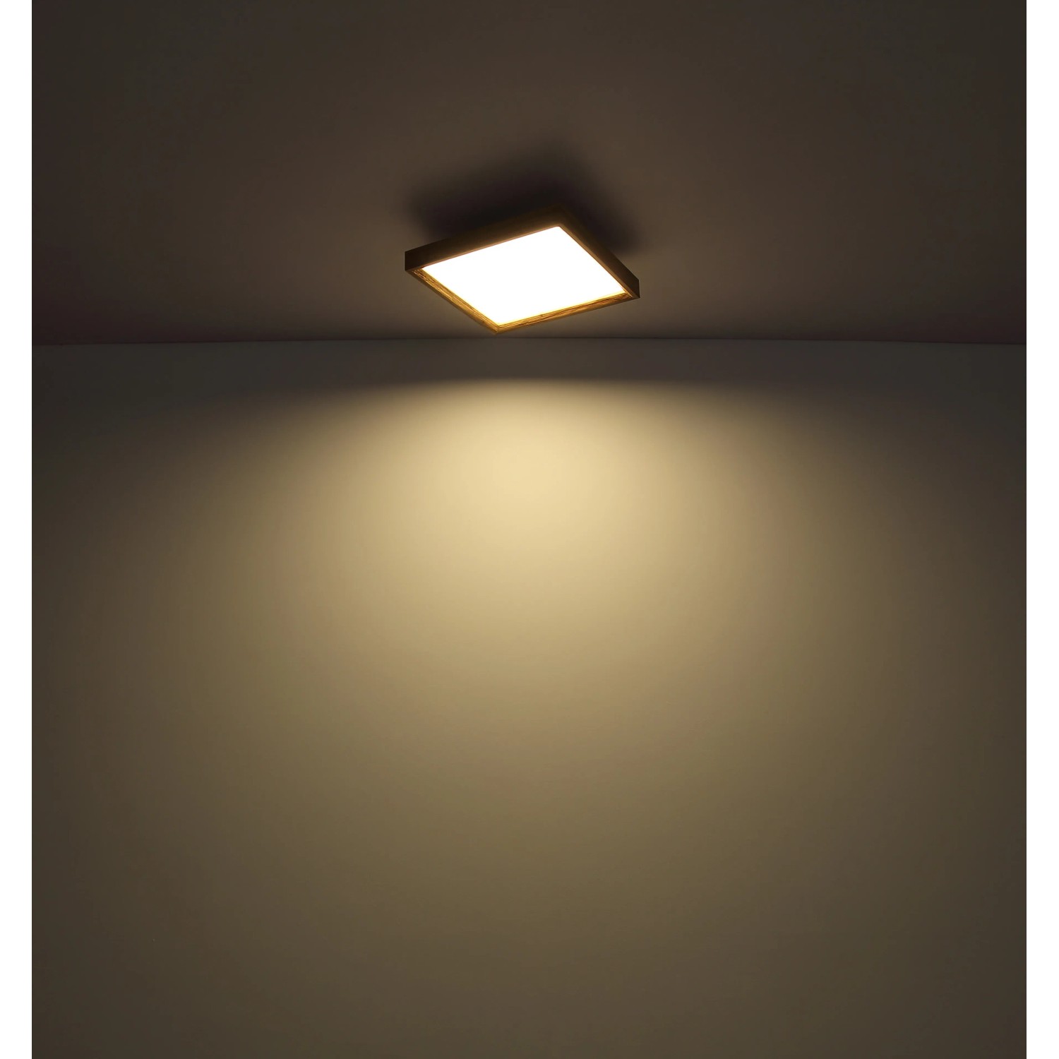 Quadratische LED-Deckenleuchte Cinderella, weiß matt mit Holzoptik, für stimmungsvolle Beleuchtung.