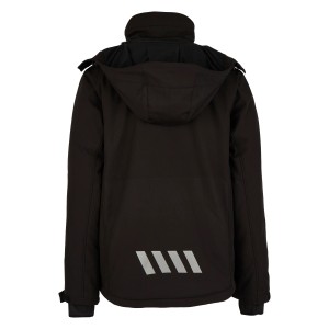 Schwarze Hans Schäfer Wintersoftshelljacke Gr. M mit Kapuze und Reflexstreifen hinten.