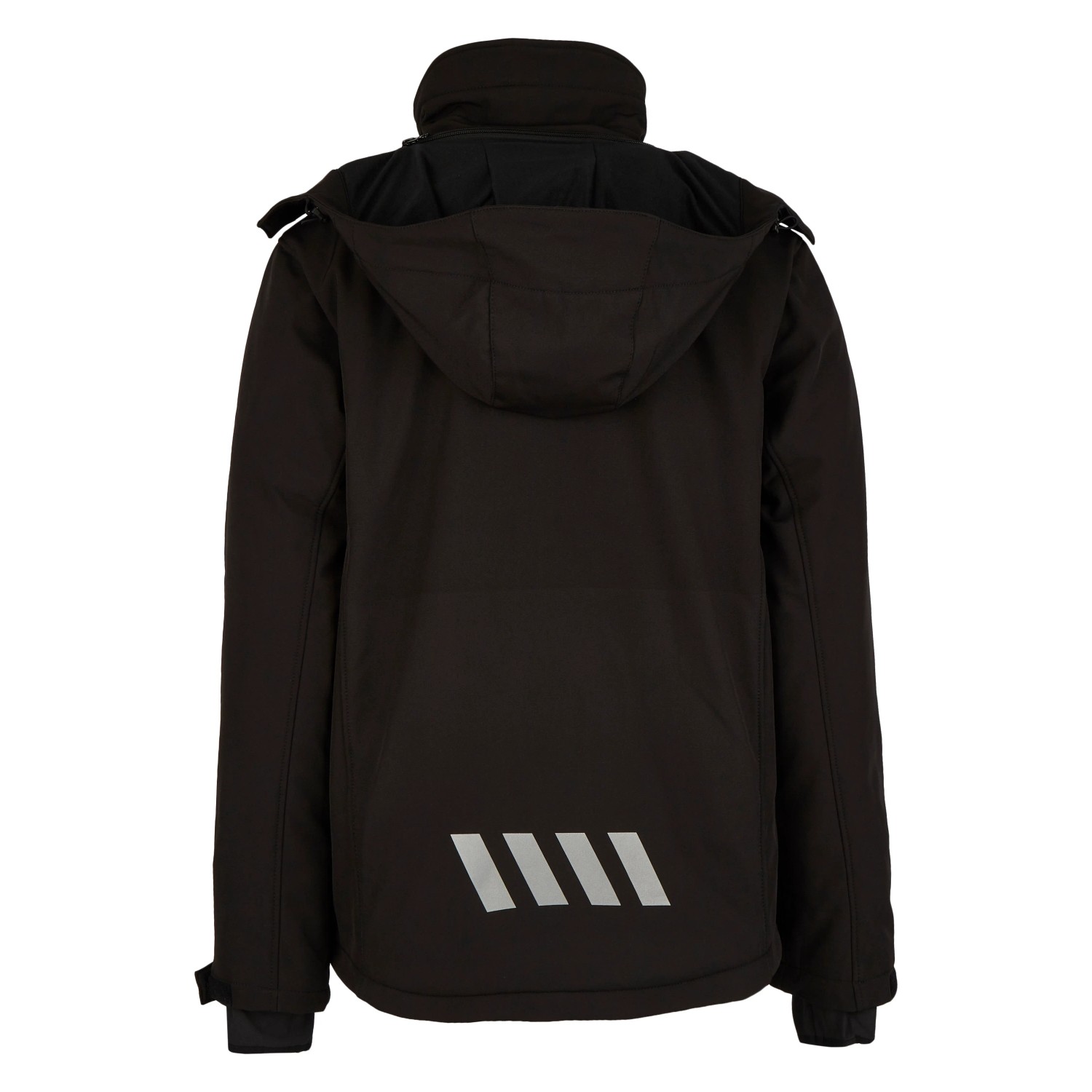 Schwarze Hans Schäfer Wintersoftshelljacke Gr. M mit Kapuze und Reflexstreifen hinten.